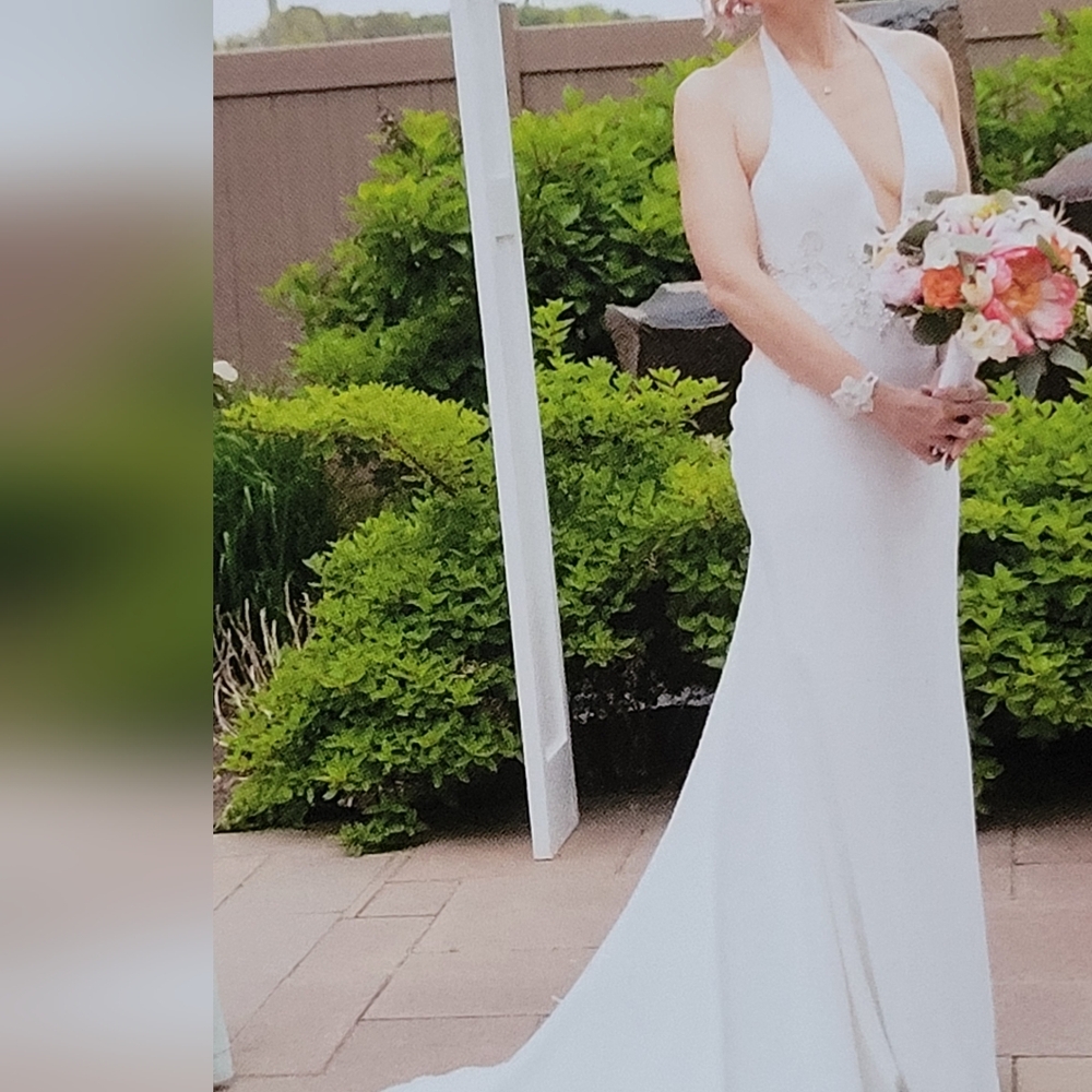 Galina Signature Embellished Crepe V-Neck Halter Wedding Dress